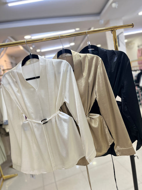 Satin Long Sleeves V-Neck Waist Tie Tops
